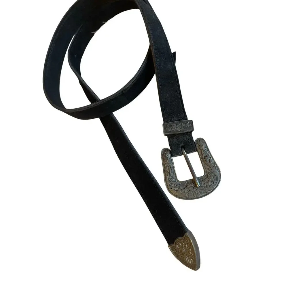 Free People Western Wear Black Rock Black Suede Gunmetal Skinny Belt Med/Lg - Picture 2 of 10